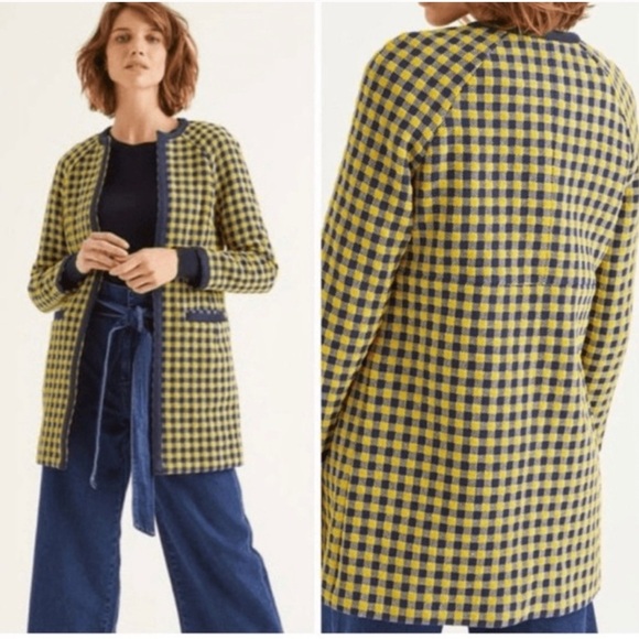 Boden Eliot Tweed Yellow & Blue Checkered Long Line Open Blazer, Size 16 - Picture 1 of 8